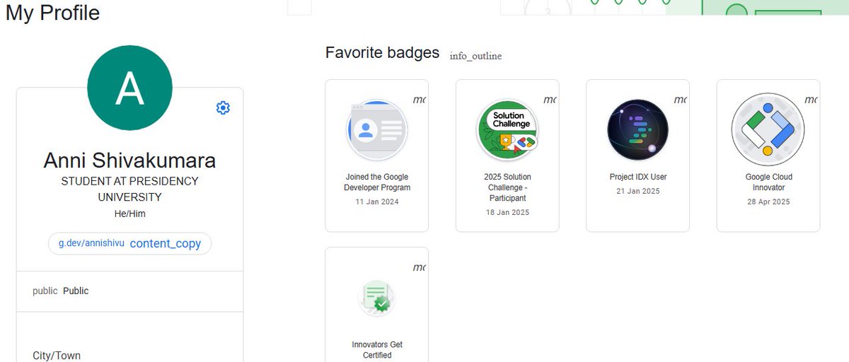Annishivakumara's tweet image. 🚀 Mid-June update!
Check out my Google Developer Profile 🌐
✨ Highlights:
2025 Solution Challenge Participant
Google Cloud Innovator
Dreaming big — aiming for GSoC-2026 soon! 💻🌍
#GSoC #GoogleDeveloper #SolutionChallenge #TechJourney