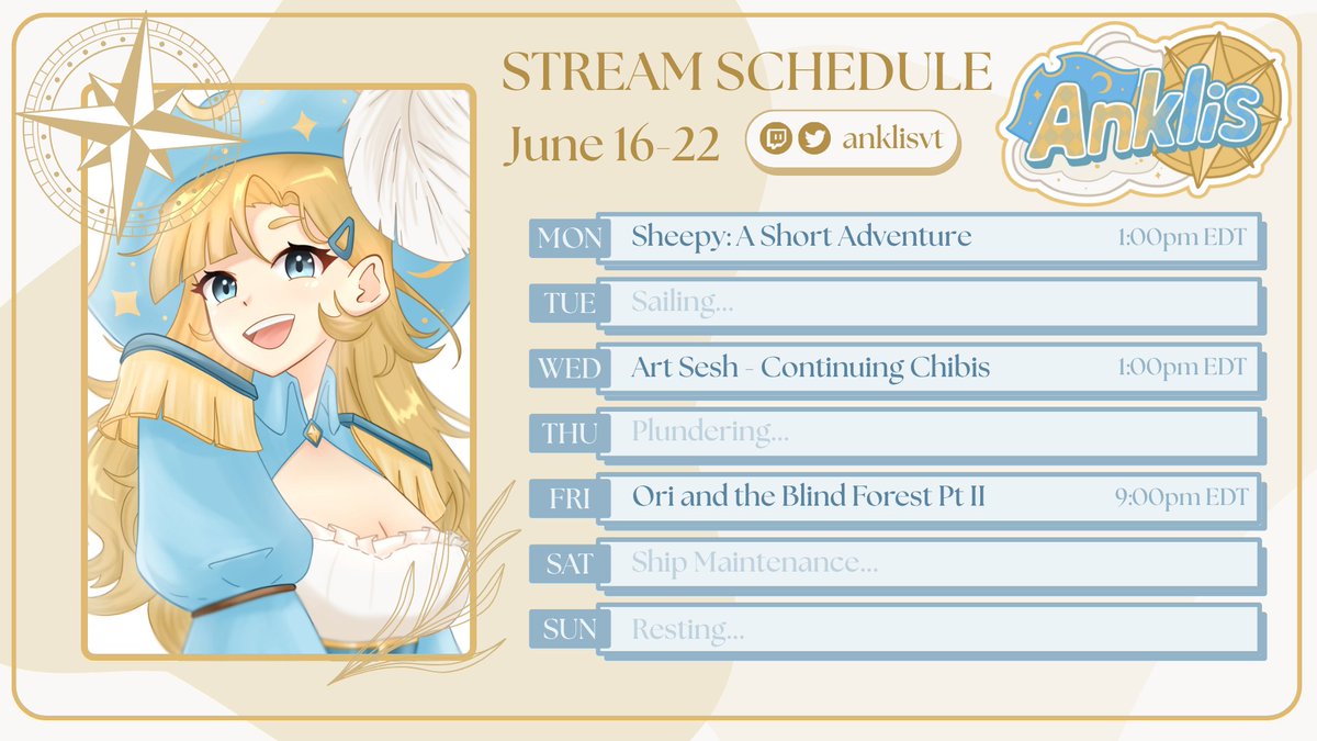 AnklisVT's tweet photo. 💫✧･Stream Schedule [June 16-22] ･💫 

☁️#ARTklis
🩵#AnkClips https://t.co/m04x2sgL1G