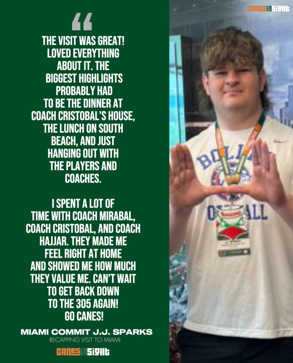 "My relationship is great with Coach Cristobal and Coach Mirabal. We stay in contact every day. I won’t be taking any other visits besides The U Go Canes.

3 ⭐️ #Miami OL commit J.J. Sparks Talks After Official Visit To Miami

➡️: canesinsight.com/articles/3-sta…
