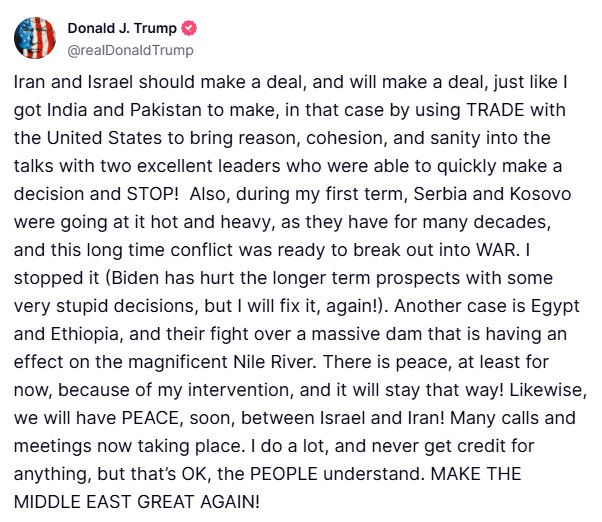 Donald J. Trump Truth Social 06.15.25 09:41 AM EST