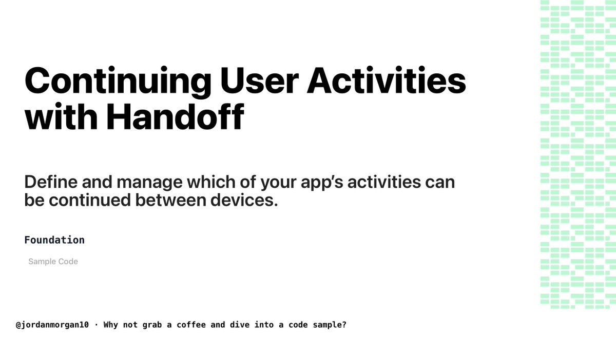 📱Today's code sample is from Foundation📱

Continuing User Activities with Handoff:
Define and manage which of your app’s activities can be continued between devices.

👉developer.apple.com/documentation/…