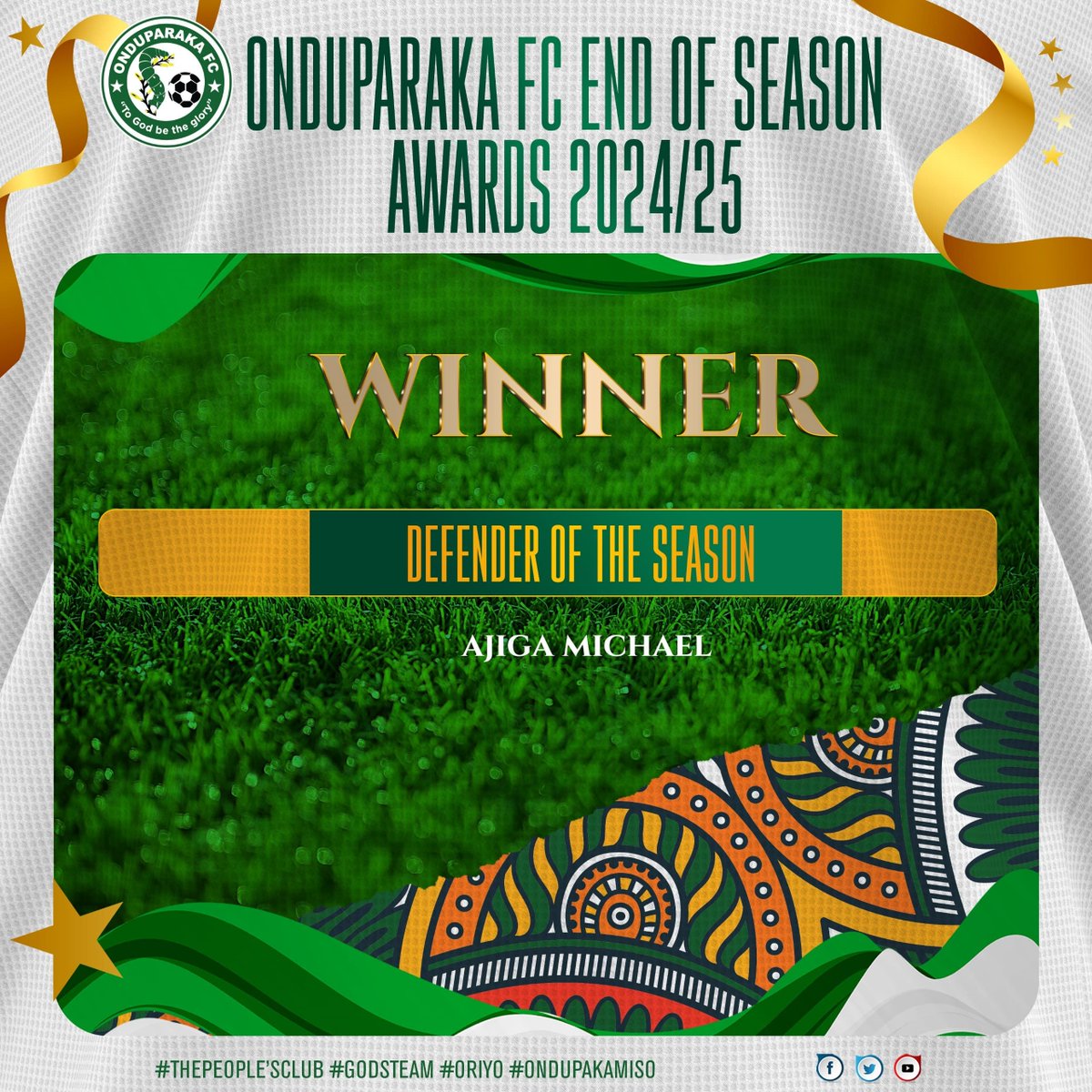 #ONDUAwards 
Here are your Winners for the Season as voted by you....

1. Top Scorer - Andama Junior (07 Goals)

2. Most Disciplined Player - Mungufeni Jonathan

3. Goal Keeper of the Season - Dafala Yunus

4. Defender of the Season - Ajiga Micheal

#AmaOnduparaka | #Pakamiso