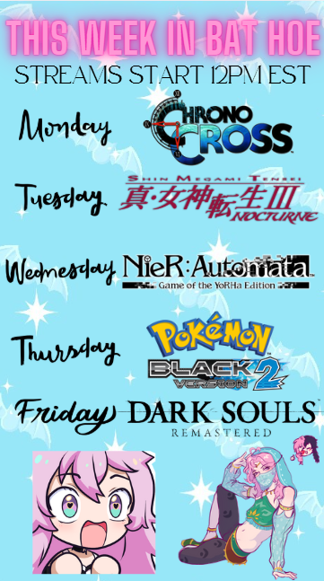🦇✨ Bat Mommy Has A New Schedule :0 ✨🦇

Come Say Hi! ⬇️⬇️
twitch.tv/daisychiroptera

#Vtuber #vtubers #ENVtuber #Pokemon #chronocross #NieRAutomata #smtIII #darksouls