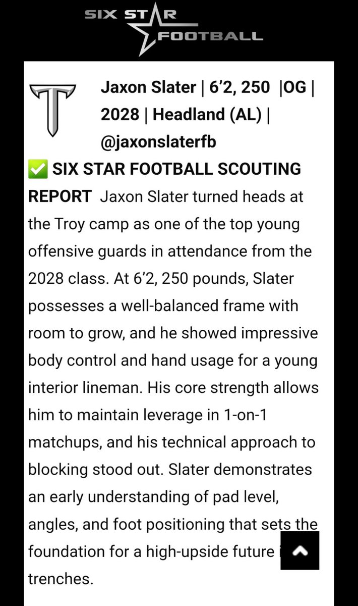 jaxonslaterfb's tweet photo. Thank you for the report!! Enjoyed the opportunity to showcase my skill. @sixstarfootball 

@PrepRedzoneAL @Alabama_Varsity @RecruitsAlabama @DexPreps https://t.co/ExK2TvXJWP