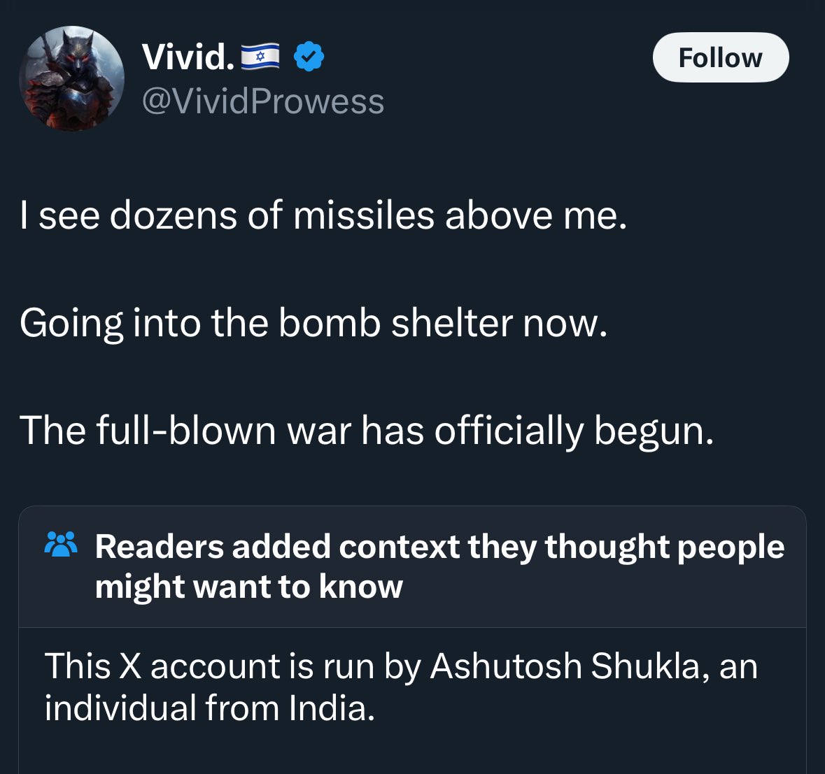 شخص لديه 346,000 متابع على منصة X وضع علم دولة الاحتلال مجاوراً لاسمه ونشر تغريدة كتب فيها:
(أرى العشرات من الصواريخ فوقي، ذاهب لملجأ القنابل الآن، 
الحرب بدأت رسمياً)
وفي البايو كتب (فخور أني يهودي، فخور أني صهيوني)

اتضح لاحقاً أنه هندي يتمنى أن لديه جنسية إسرائيلية فأصبح يتقمص