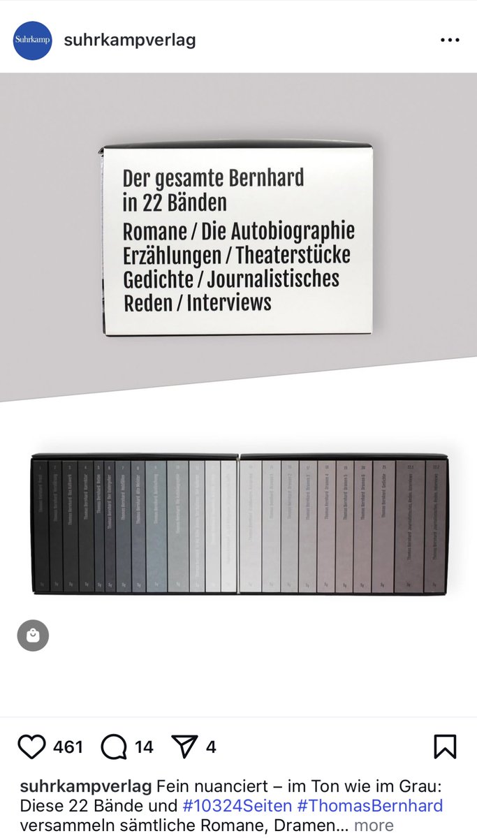 JeffreyKirkwood's tweet image. If every targeted ad were like this Suhrkamp collected works of Bernhard from gray to black I’d willingly submit to the powers of the algorithms