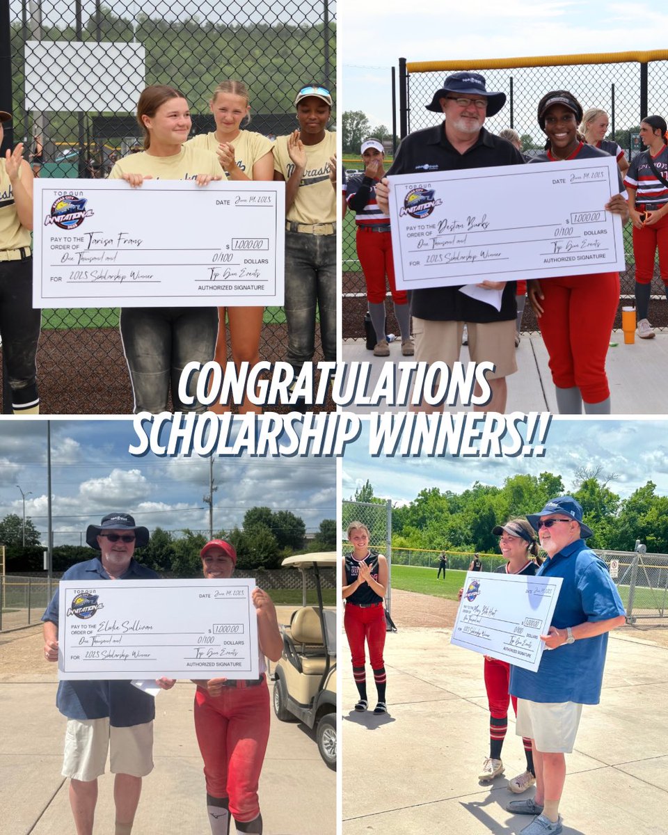 Congratulations to our 4 scholarship winners at this years Top Gun Invitational tournament!! Congrats to Tarisa Frans, Destan Burks, Mary Beth Hart, and Elodie Sullivan and good luck on your future endeavors!! 🥎📸🥎🎓