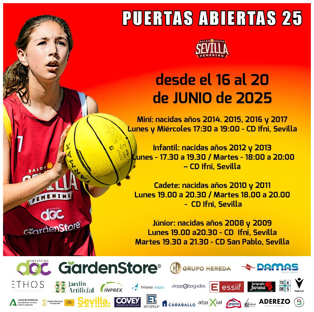 CB Sevilla Femenino (@cbsfemenino) on Twitter photo ยก๐๐ ๐๐๐ ๐๐๐๐ ๐๐! ๐ง๐ป๐
Seguimos con la jornadas de puertas abiertas! Venid sin compromiso.๐ช๐ผ๐ฅ
Aquรญ tenรฉis fechas, categorรญas y horarios segรบn la categorรญa. El jueves, con motivo del Corpus Christi, las instalaciones no abrirรกn. ๐๏ธ๐ข
ยกTe esperamos!
#TodasJuntas ยก๐๐ ๐๐๐ ๐๐๐๐ ๐๐! ๐ง๐ป๐
Seguimos con la jornadas de puertas abiertas! Venid sin compromiso.๐ช๐ผ๐ฅ
Aquรญ tenรฉis fechas, categorรญas y horarios segรบn la categorรญa. El jueves, con motivo del Corpus Christi, las instalaciones no abrirรกn. ๐๏ธ๐ข
ยกTe esperamos!
#TodasJuntas