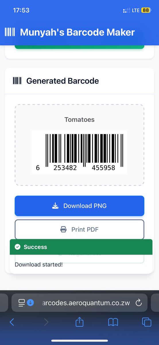 Munyah_Wacho's tweet photo. So, a client, who is a farmer called me achida kugadzirirwa mabarcodes. A supermarket they supply peppers and tomatoes changed its rules and now they require every product to packaged and have a barcode, so they wanted me to design it.

When I was about to open a design software, my mind got creative and I decided to take the job up a notch, and created a Barcode Generator WebApp accessible on https://t.co/odinFTy9Vu, and since we had already made an agreement, I assured them there will be no extra cost.

The app can store products in a database so that on every device they use, 1 product variation will always return the same barcode for consistency since they have a regular big client. The App supports barcode download into PNG or PDF. There is also an option to add more products and they will also maintain consistency on that particular product’s barcode. Client is happy, abva ato booker kuzoisirwa 2 farm vehicles matracker 🙏🔥. Kindly browse the App and give feedback.

For any custom solutions for your SME, contact us on: +263773909307/+263 7 79200260