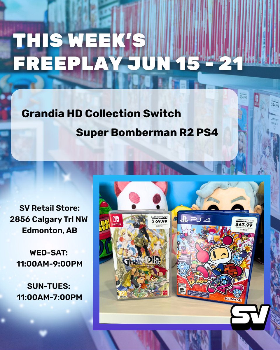 Freeplay Games for the week:
Grandia HD Collection on Switch
Super Bomberman R2 on the PS4

📍2856 Calgary Trl NW, Edmonton, AB T6J 6V7

#yeg #edmonton #yeglocal #edmontonlocal #thingstodo #yegthingstodo #edmontonthingstodo #freeplay #gamestore