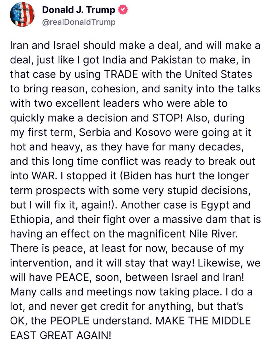 🔴Última hora: Trump dice que Israel e Irán deben llegar  a un acuerdo. 
EEUU no parece dispuesto a unirse a Netanyahu en una guerra contra Irán.