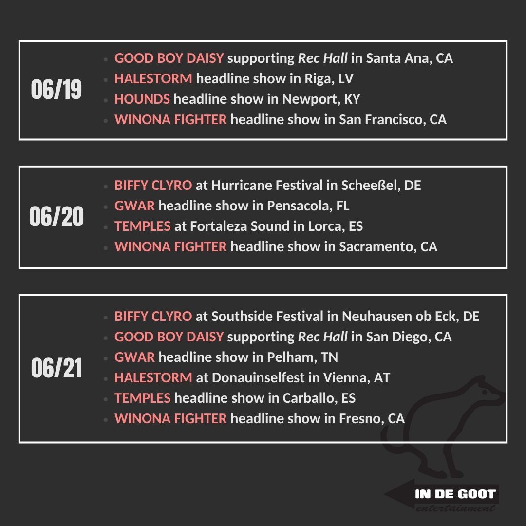 In De Goot Entertainment (@indegoot) on Twitter photo Support live music in a city near you!
<a href="/winonafighter/">WINONA FIGHTER</a> and <a href="/GoodBoyDaisy/">good boy daisy</a> are teaming up in Arizona, <a href="/Halestorm/">Halestorm</a> continues to rock out in Europe, and <a href="/stratejacketca/">stratejacket</a> is headlining to their first Warped Tour DC this week! Support live music in a city near you!
<a href="/winonafighter/">WINONA FIGHTER</a> and <a href="/GoodBoyDaisy/">good boy daisy</a> are teaming up in Arizona, <a href="/Halestorm/">Halestorm</a> continues to rock out in Europe, and <a href="/stratejacketca/">stratejacket</a> is headlining to their first Warped Tour DC this week!