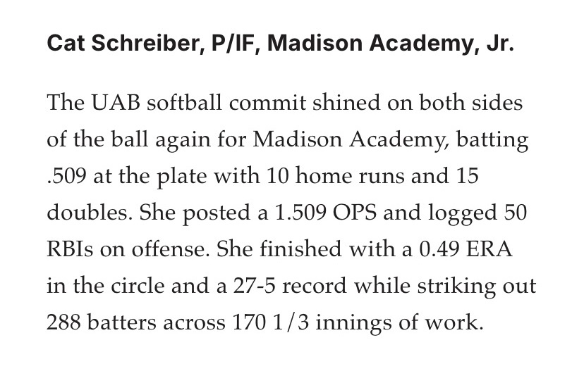 Cataryna Schreiber - 2026 RHP (@catschreiber26) on Twitter photo Thank you <a href="/aldotcomPreps/">AL.com H.S. Sports</a> for the recognition and for my teammates that were behind me. Congrats to everyone recognized! <a href="/MAMustangSball/">Madison Academy Mustangs Softball</a> <a href="/IGNational07/">Impact Gold National 07</a> <a href="/tsmartt14/">Taylor Smartt</a> <a href="/SoftballCanada/">Softball Canada</a> <a href="/MaxPreps/">MaxPreps</a> <a href="/ExtraInningSB/">EXTRA INNING SOFTBALL</a> <a href="/LineDsoftball/">Line Drive Media</a> Thank you <a href="/aldotcomPreps/">AL.com H.S. Sports</a> for the recognition and for my teammates that were behind me. Congrats to everyone recognized! <a href="/MAMustangSball/">Madison Academy Mustangs Softball</a> <a href="/IGNational07/">Impact Gold National 07</a> <a href="/tsmartt14/">Taylor Smartt</a> <a href="/SoftballCanada/">Softball Canada</a> <a href="/MaxPreps/">MaxPreps</a> <a href="/ExtraInningSB/">EXTRA INNING SOFTBALL</a> <a href="/LineDsoftball/">Line Drive Media</a>