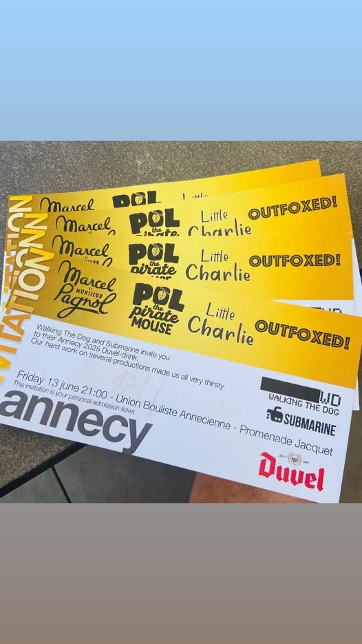 It was lovely to see our film, Outfoxed The Movie being celebrated on the invitation to the drinks hosted by our wonderful partners, Walking the Dog, in Annecy