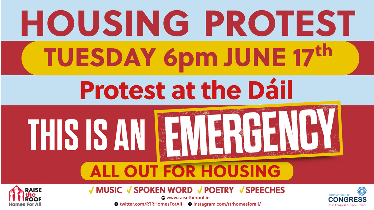 #RaisetheRoof is holding two protests in Dublin &amp; Cork.
Join us and many others in the fight for accessible housing for all!

⏰Tuesday, June 17, 6 pm 📍Dáil, Dublin 2
⏰Saturday, June 21, 2 pm. 📍National Monument, Cork

More on Raise the Roof campaign at lght.ly/o3ni3hm