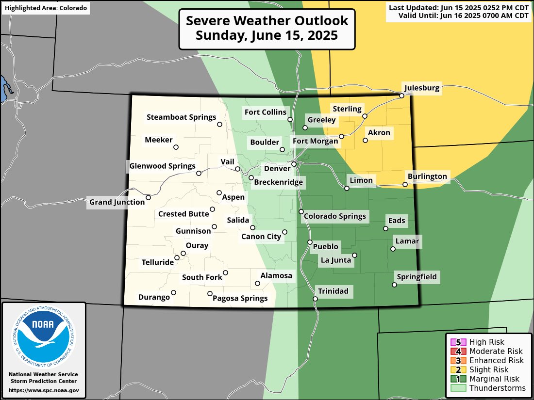 A few strong to severe storms are expected to develop along I-25 this evening, gaining intensity as they push out on the Eastern Plains.