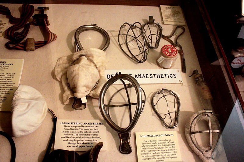 The Schimmelbusch anaesthetic mask was invented by Curt Schimmelbusch in 1890, and remained in use until the 1950s. The mask was covered with gauze containing chloroform and applied to the patient's face over the mouth and nose. #histmed     Image credit: bit.ly/2L1S9CF