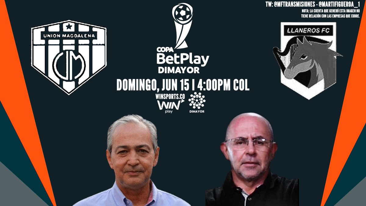 🇨🇴 <a href="/CopaBetPlay/">Copa BetPlay</a> 2025 - Fase 1A (Grupo C [Fecha 5])

<a href="/UnionMagdalena/">Unión Magdalena S.A</a> 🌀 - <a href="/ClubLlanerosFC/">𝗟𝗹𝗮𝗻𝗲𝗿𝗼𝘀 𝗙𝘂́𝘁𝗯𝗼𝗹 𝗖𝗹𝘂𝗯 🐴</a> 🐎

Relator: <a href="/LUCHOTEESCUCHO/">LUCHO ESCOBAR</a>
Comentarista: <a href="/Cmariaye/">JOSE MARIA YEPES DE</a>

💻📱: <a href="/WinSportsOnline/">Win Sports Online</a> (Win Play), WinSports.co y <a href="/Dimayor/">DIMAYOR</a>

📱 ¡Síguenos!