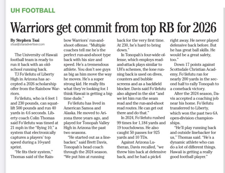 Stephen Tsai (@stephentsai) on Twitter photo ICYMI: <a href="/HawaiiFootball/">Hawaii Football</a> received 2026 commitment from a 6-1, 230-lb running back with speed (21 mph), power and R&S experience #HawaiiFootball ICYMI: <a href="/HawaiiFootball/">Hawaii Football</a> received 2026 commitment from a 6-1, 230-lb running back with speed (21 mph), power and R&S experience #HawaiiFootball