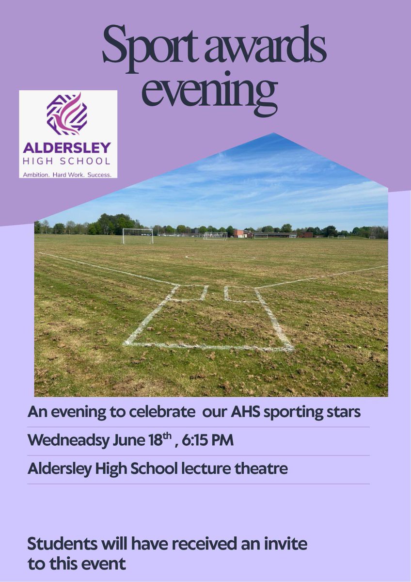 Aldersley Sports Awards Evening 🏆 
<a href="/AldersleyHighSc/">AldersleyHighSchool</a> 📍 
Wednesday 18th June 📅 
6.15pm start ⏰ 
Students will receive an invite for this event 🤝 
Guest speaker <a href="/pedalsingh/">Manny Singh Kang</a> 💫 

#AldersleySport -#APE #AlwaysPursuingExcellence