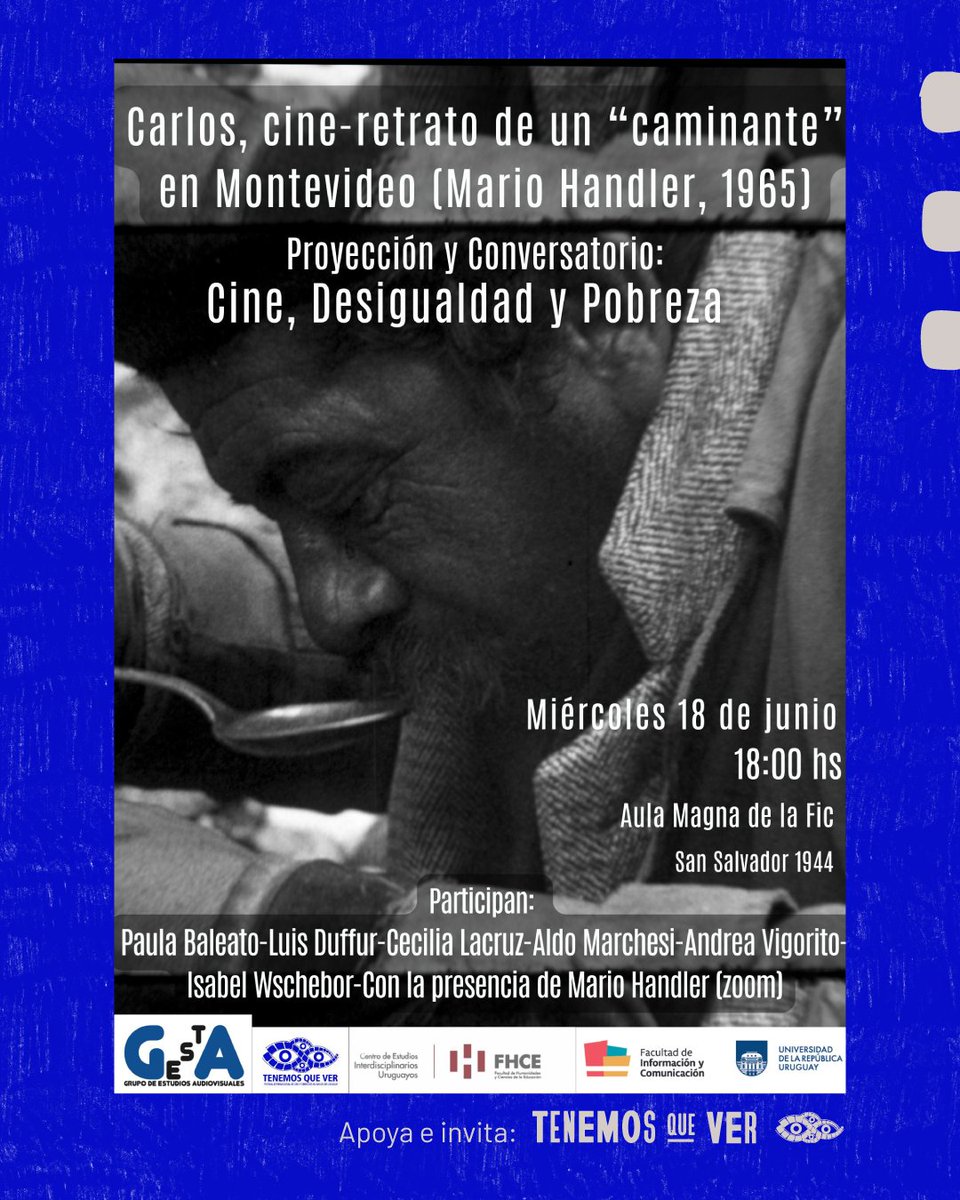 🎬INVITACIÓN🎬
Proyección y conversatorio “Cine, desigualdad y pobreza”
.
📅Miércoles 18 de julio a las 18 horas
📍Aula Magna de la Fic (San Salvador 1944).
.
Organiza: GEstA, laboratorio de tecnologías para la preservación av de la Fic, Ceiu-Fhce