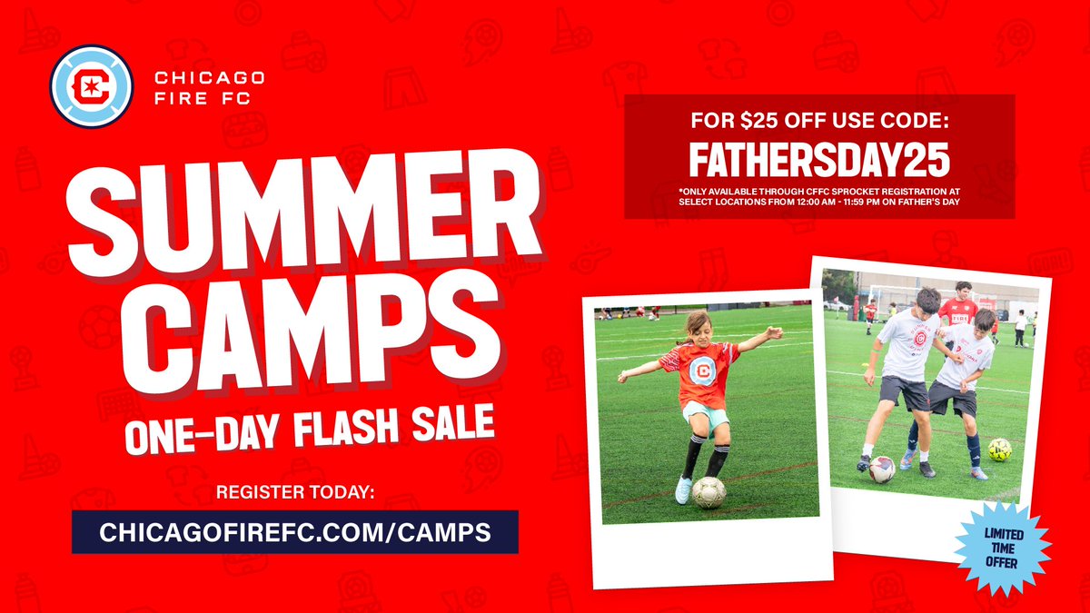 Happy Father’s Day to all of the dads out there! ❤️

Celebrate your day with $25 off <a href="/ChicagoFire/">X - Chicago Fire FC</a> summer camps, today only

🔗: chicagofirefc.com/camps