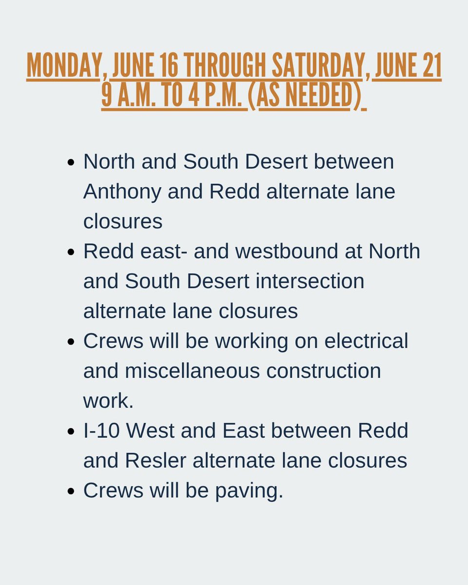 RepChavez's tweet photo. 🚧 TXDOT Traffic Updates in District 1 for June 9- June 14 🚧 https://t.co/NSn4Iiu2s0
