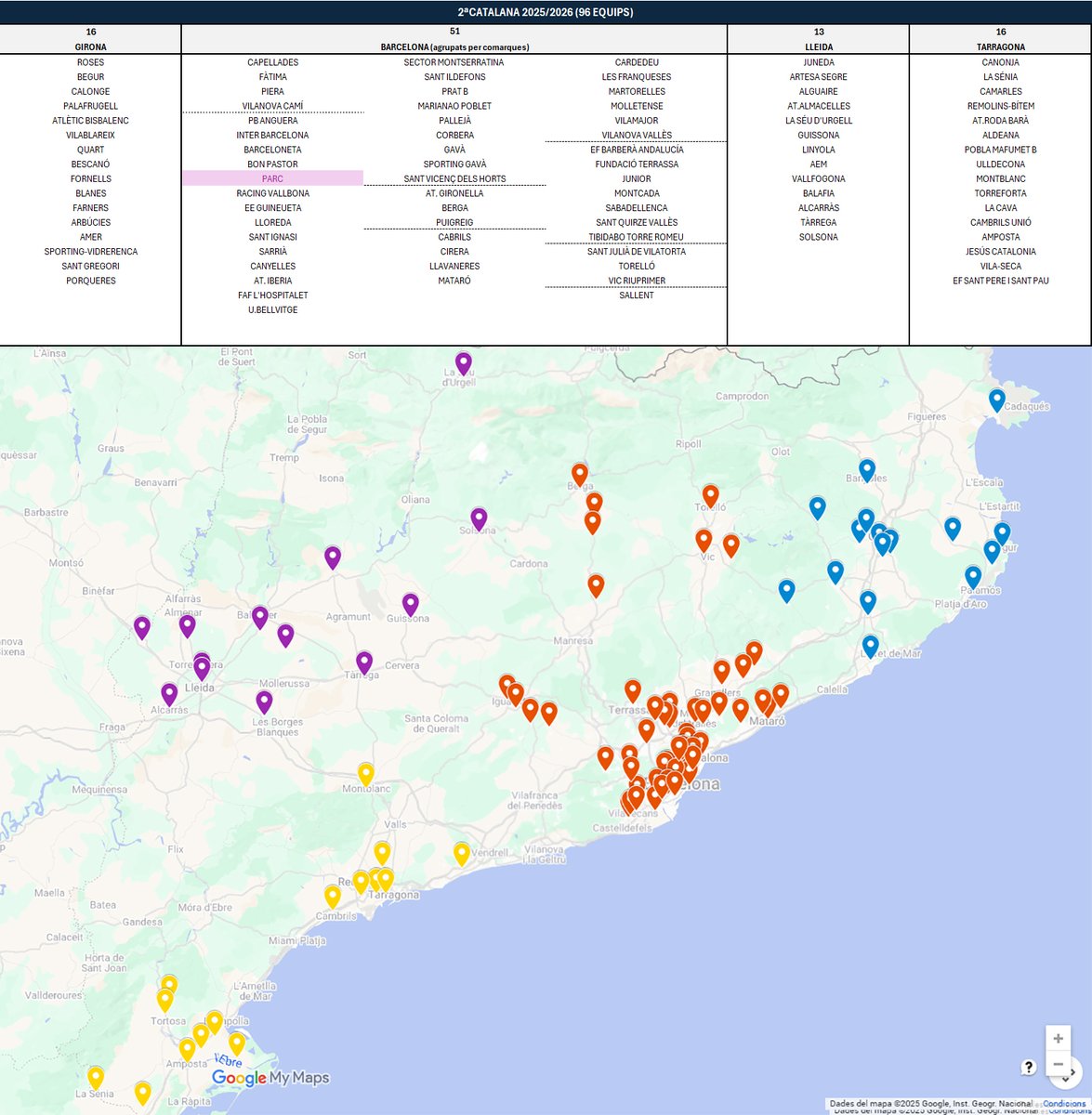 Subsanat tema Solsona:

🔵16 de Girona
🔴51 de Barcelona
🟣13 de Lleida
🟡16 de Tarragona

Falten 3 equips de Barcelona que hauran d'anar al grup de Lleida.