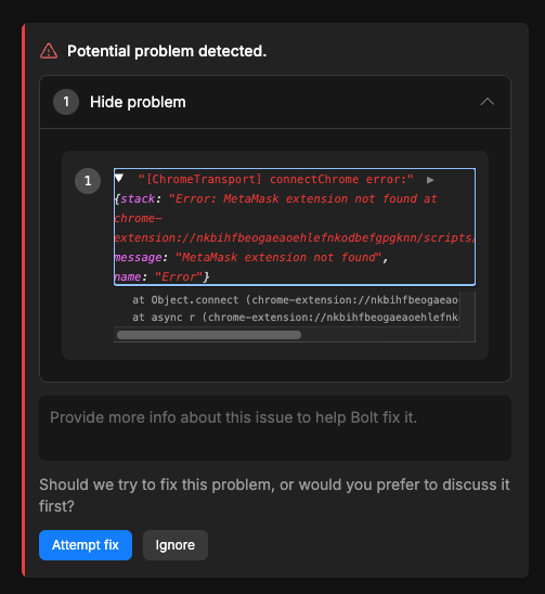 This error message in <a href="/boltdotnew/">bolt.new</a> is making me extra anxious. Is it a random bug or is Bolt trying to access my cryptos?