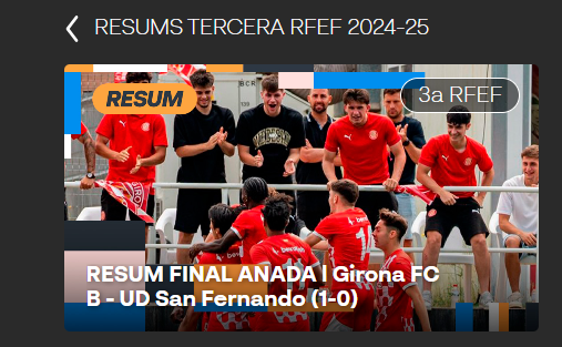 Esports en Xarxa (@esportsenxarxa) on Twitter photo 📺 RESUMS #futbolcat!
⚽️ NO NOMÉS els gols: resums disponibles!
🍽️ Menú Play-off d'ascens a #2RFEF3!
▶️ <a href="/GFCAcademia/">Girona FC Acadèmia</a> 1-0 <a href="/udsanfer/">AVIA CAR San Fernando</a>
🔗 laxarxames.cat/playlist/1040/… 📺 RESUMS #futbolcat!
⚽️ NO NOMÉS els gols: resums disponibles!
🍽️ Menú Play-off d'ascens a #2RFEF3!
▶️ <a href="/GFCAcademia/">Girona FC Acadèmia</a> 1-0 <a href="/udsanfer/">AVIA CAR San Fernando</a>
🔗 laxarxames.cat/playlist/1040/…