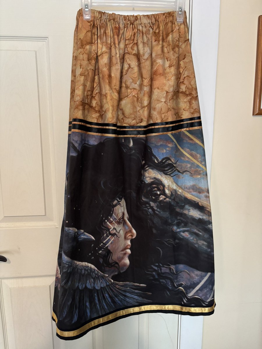 BozCathy's tweet photo. National Indigenous History month calls for a ribbon skirt.  It is made with the Autumn Skye, Daybreak panel. https://t.co/R6HG2H73c0