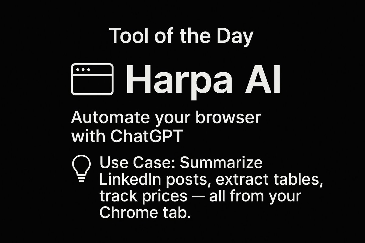 DailyAIStack's tweet image. 🔧 Tool of the Day: Harpa AI
Automate your browser with ChatGPT.
💡 Use Case: Summarize LinkedIn posts, extract tables, track prices - all from your Chrome tab.
#AItools #ChromeExtension #Productivity