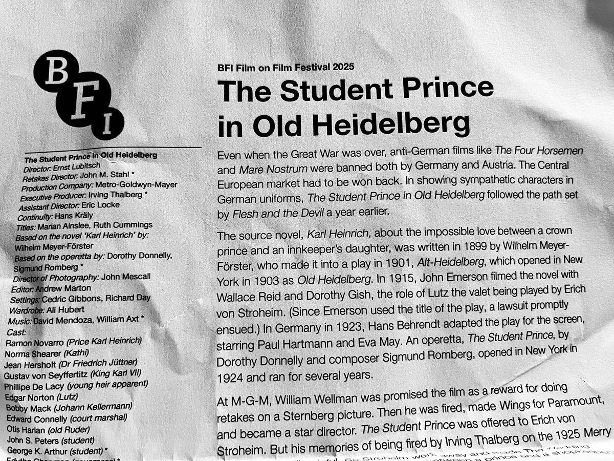 Got to watch Lubitsch's 'The Student Prince in Old Heidelberg' (1927) <a href="/BFI/">BFI</a> Film on Film Festival in a packed NFT1! Striking Photoplay restoration of a 35mm print live-synched to Carl Davis's beautiful score. #GaudeamusIgitur