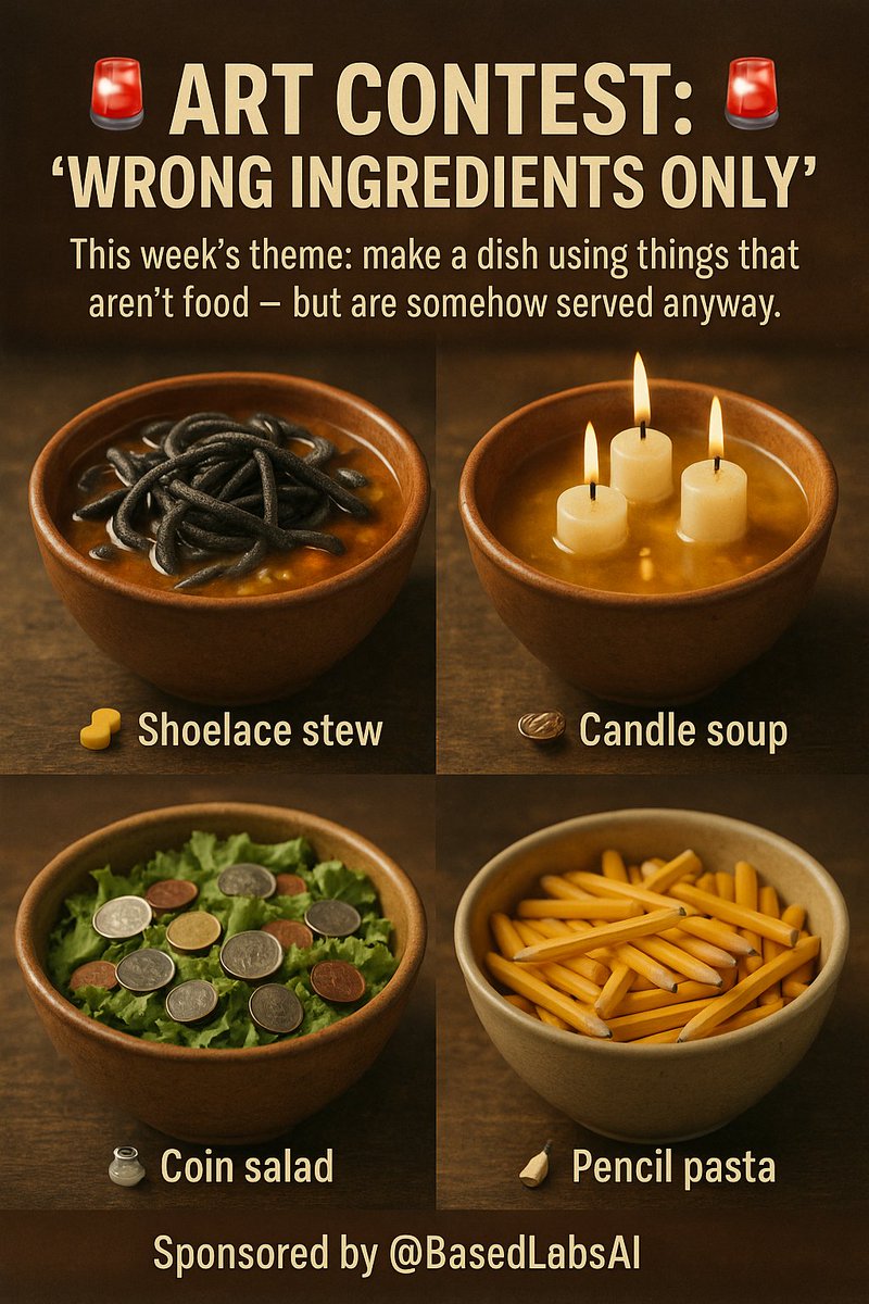 Weird AI Art (@weirdai_art) on Twitter photo 🚨 ART CONTEST: “WRONG INGREDIENTS ONLY” 🚨
This week’s theme: make a dish using things that aren’t food — but are somehow served anyway.
Ideas:
🥄 Shoelace stew
🕯️ Candle soup
🥗 Coin salad
🧁 Gravel croissants
🍝 Pencil Pasta
⭐️Sponsored by <a href="/BasedLabsAI/">Based Labs AI</a> ⭐️
Details below ⬇️ 🚨 ART CONTEST: “WRONG INGREDIENTS ONLY” 🚨
This week’s theme: make a dish using things that aren’t food — but are somehow served anyway.
Ideas:
🥄 Shoelace stew
🕯️ Candle soup
🥗 Coin salad
🧁 Gravel croissants
🍝 Pencil Pasta
⭐️Sponsored by <a href="/BasedLabsAI/">Based Labs AI</a> ⭐️
Details below ⬇️