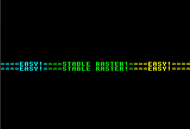 0xC0DE6502's tweet image. By exploiting CPU/ULA RAM contention it is easy to have a stable raster for any part of the screen. The example in MODE4 also shows that not all emulators are equally accurate. First image is correct (real Electron, Electroniq, Elkulator), 2nd is Clock Signal, 3rd is Electrem