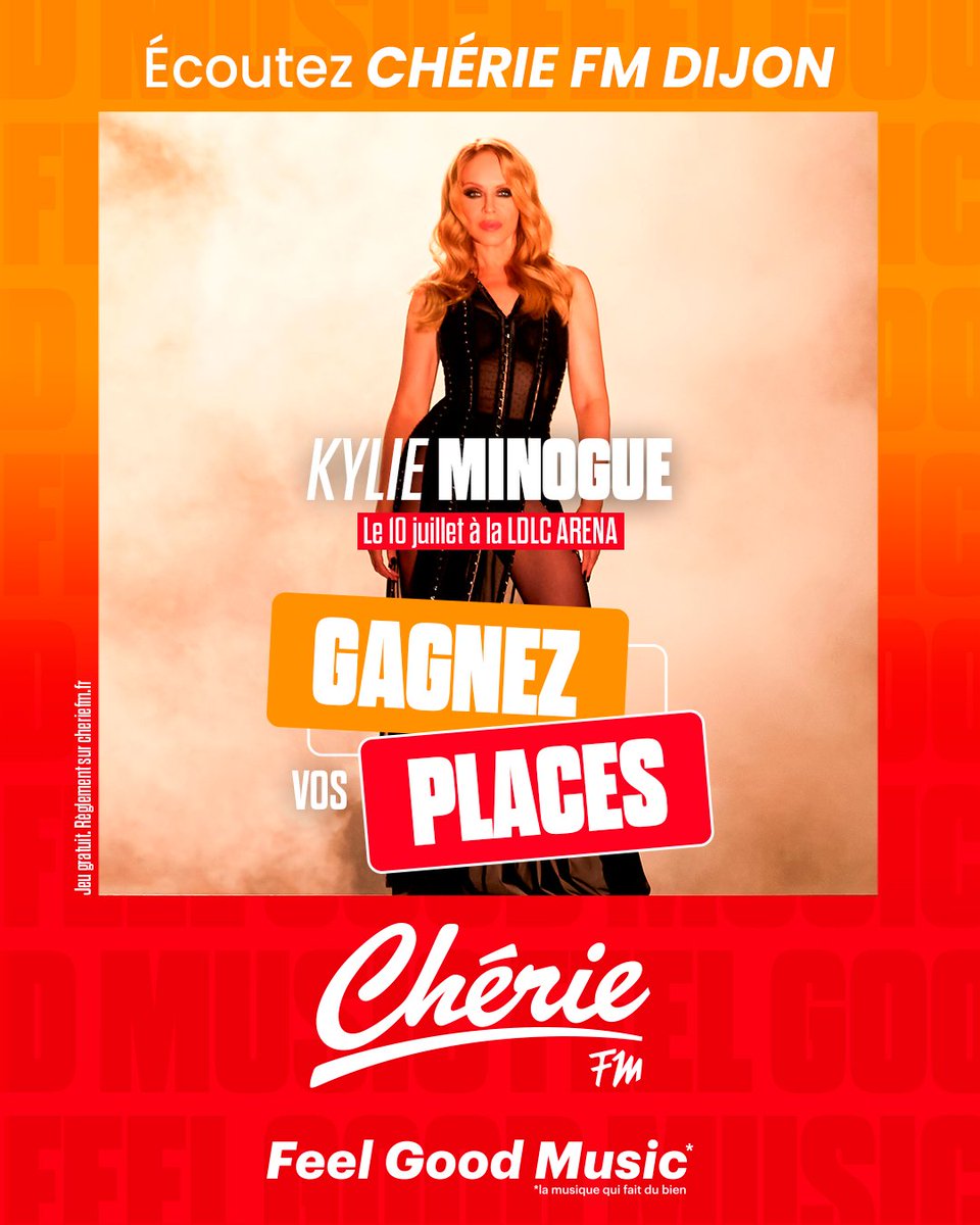 🎤 <a href="/kylieminogue/">Kylie Minogue</a> en concert à Lyon le 10 juillet !
#ChérieFM vous fait gagner vos places pour le Tension Tour
🎧 Écoutez Chérie FM #Dijon toute la journée pour tenter votre chance 🎟️
💃 Avec Chérie FM, Feel Good Music !
#KylieMinogue #TensionTour #GagneTesPlaces #FeelGoodMusic