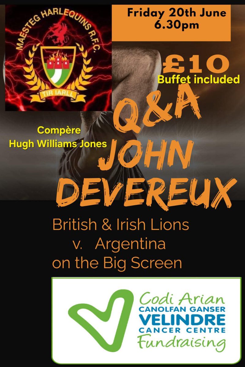 Andrew Morris (@andrewm9258) on Twitter photo Great night ahead with <a href="/DevereuxJohn13/">John Devereux</a> <a href="/MaestegQuinsRFC/">Maesteg Harlequins ⚫️🔴</a>
Q and A compered by <a href="/VOC2016/">Hugh Williams-Jones 🏴</a> raising funds for <a href="/Velindre/">Velindre Cancer Charity</a> Great night ahead with <a href="/DevereuxJohn13/">John Devereux</a> <a href="/MaestegQuinsRFC/">Maesteg Harlequins ⚫️🔴</a>
Q and A compered by <a href="/VOC2016/">Hugh Williams-Jones 🏴</a> raising funds for <a href="/Velindre/">Velindre Cancer Charity</a>