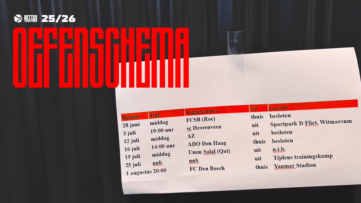 Ons voorlopige 𝐨𝐞𝐟𝐞𝐧𝐬𝐜𝐡𝐞𝐦𝐚! ✍️

Meer info over het schema vind je via onderstaande link. Houd voor alle updates rond de voorbereiding onze kanalen in de gaten! 📲

almerecity.nl/almere-city-1/…

#AlmereCity #BetterTogether