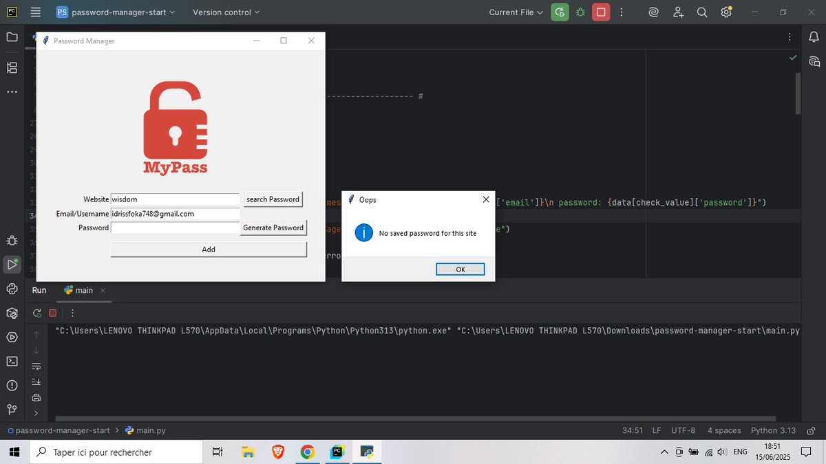 ThegamerZed's tweet photo. #100DaysOfCode
Day 30: What feels like a long way started with day 1.
Today I polished my Password Manager app using Tkinter, JSON, and a  Robust error handling with try/except/finally. Safe file read/write for data.json.Also made GUI changes , Introducing password searching https://t.co/D4UoaR9Ydi