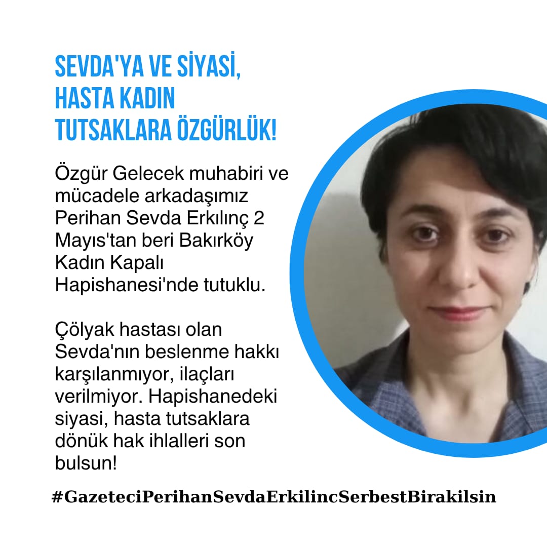 kadinsavunmasii's tweet photo. Özgür Gelecek muhabiri ve kadın mücadelesinden arkadaşımız Sevda'nın sağlık hakkı engelleniyor. Hapishanelerde siyasi tutsaklara dönük hak ihlalleri devam ediyor.
Sevda'ya ve tüm siyasi hasta tutsaklara özgürlük istiyoruz. ✌🏼♀️ 
#GazeteciPerihanSevdaErkilincSerbestBirakilsin https://t.co/8mLJlTIFPi