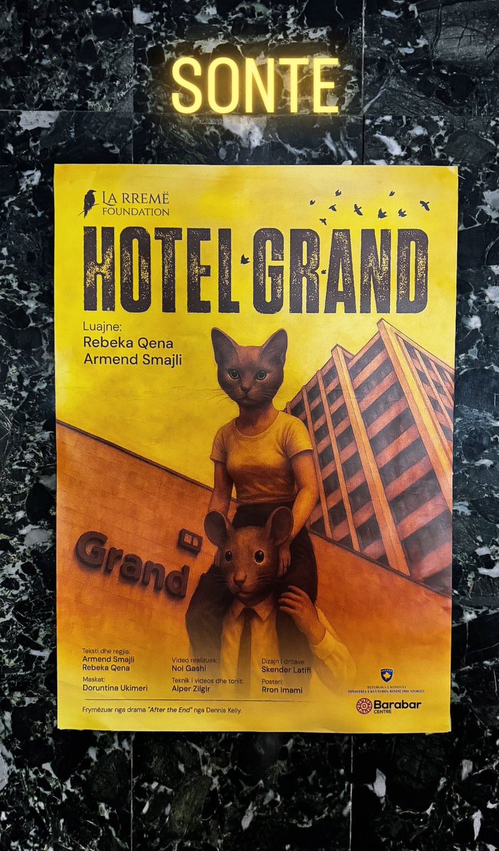 "HOTEL GRAND"
Premierë sonte, më 15 qershor, në Qendrën Barabar, nga ora 21:00. Repriza më 16 qershor, nga ora 21:00. Për këto dy data të gjitha ulëset janë të rezervuara. Rikthehemi në shtator për të gjithë të interesuarit të cilët i falënderojmë që tani!

Fondacioni La Rremë💛