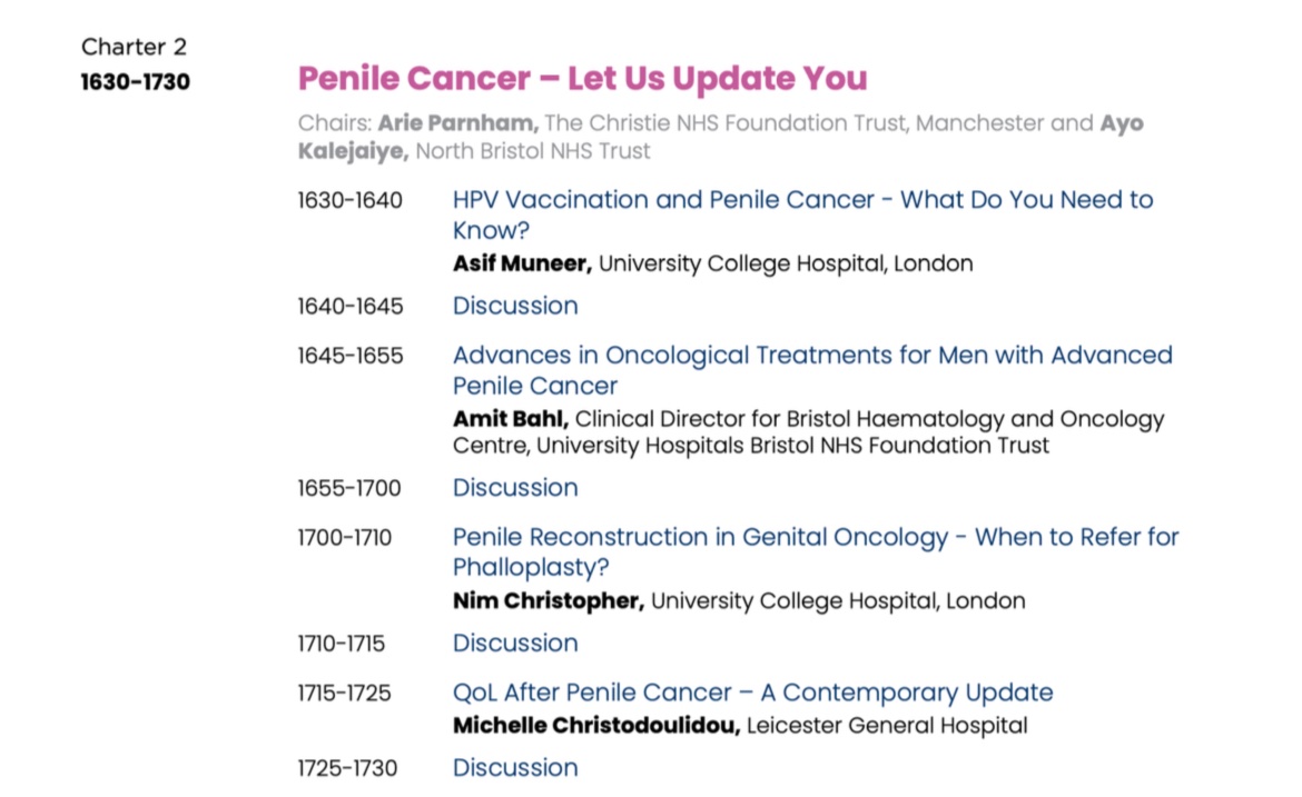 Should be some interesting discussions tomorrow including EPIC results, vaccinations, and QoL in #penilecancer #baus25