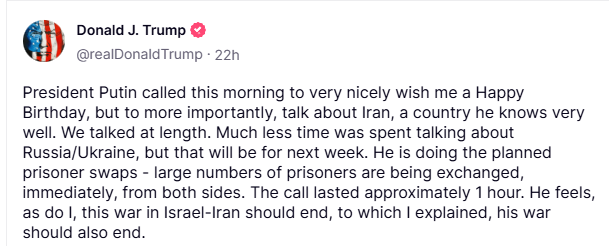 🇺🇸 "Bon, j'ai discuté avec Poutine hier..."
🇺🇦 "Et ?"
🇵🇸 "Et ??"
🇺🇸 "Il m'a souhaité un bon anniversaire, c'est pas gentil ça ! Moi, je vous dis, c'est un mec bien, pas comme Zelenski qui ne m'a pas souhaité mon anniversaire"
🇺🇦 "ET ?"
🇺🇸 "On a dit que la guerre 🇮🇱🇮🇷, spas bien"