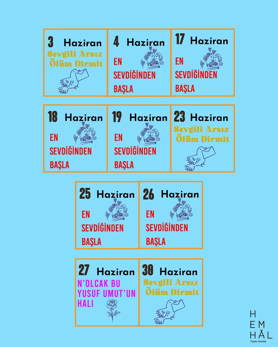 Haziran Ayı Takvimimiz☀️

17-18-19-25 Haziran biletlerimiz tükendi, çok teşekkür ederiz.🙏🏼

23 Haziran Sevgili Arsız Ölüm Dirmit oyunumuz için biletler @mobilet ‘te.🍀

26 Haziran En Sevdiğinden Başla oyunumuz için sınırlı sayıda yer kaldı. Biletlerimiz @tiyatrolar ‘da.🌼