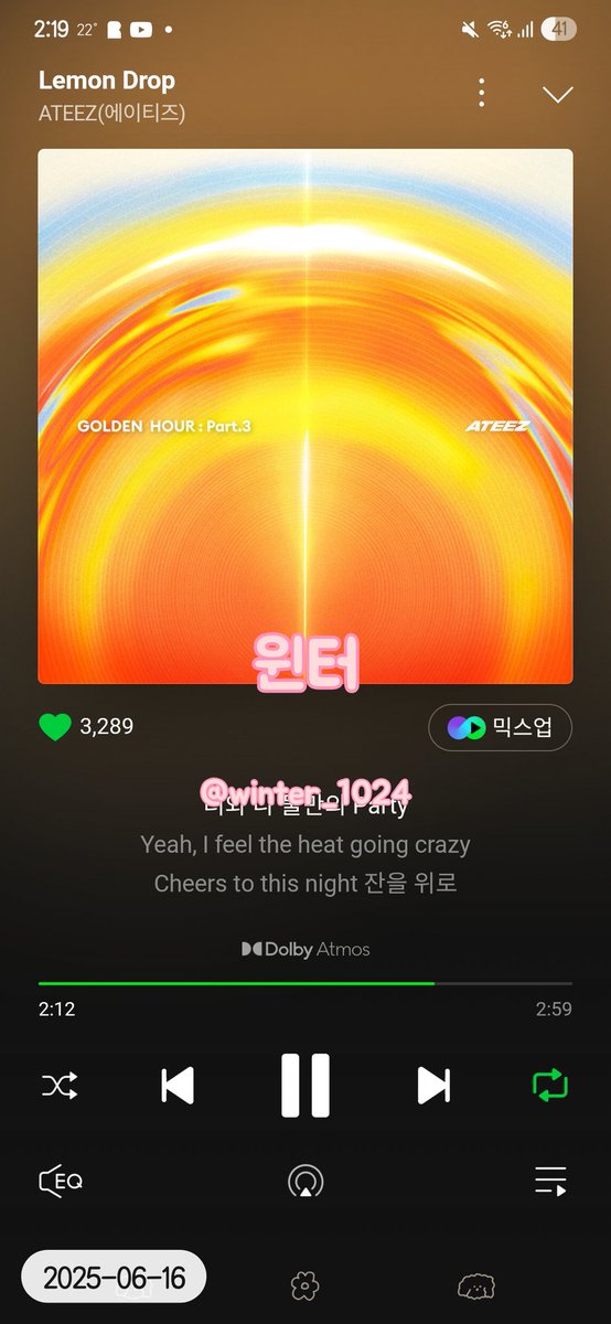 winter_1024's tweet photo. 2025. 06. 16 2시
멜론

#LemonDrop만_들려_여기에 #ATEEZ #에이티즈
#GOLDENHOUR #GOLDENHOUR_Part3 #LemonDrop https://t.co/FGqDFB8A6e