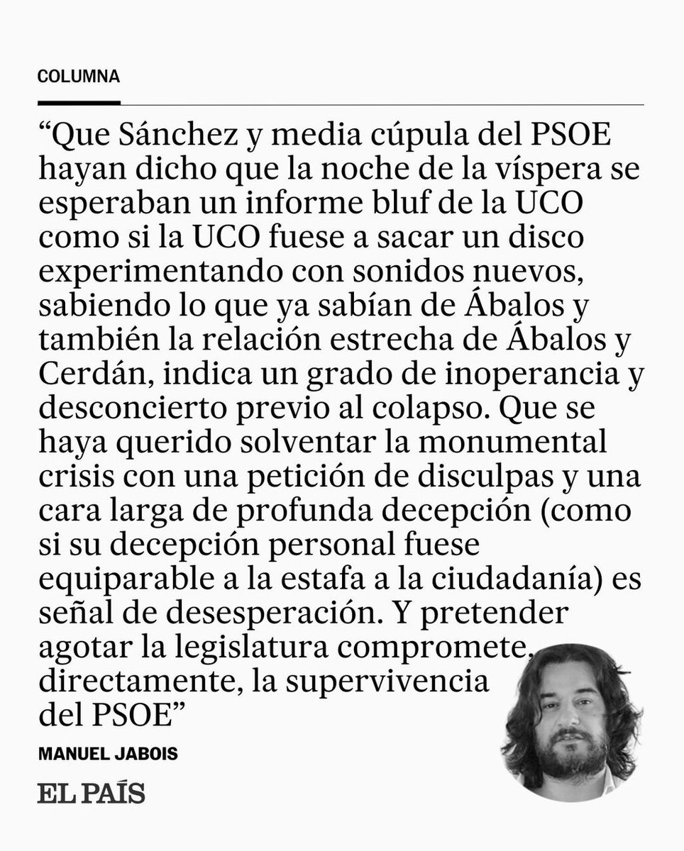Opinión | "Cerdán, Ábalos y Koldo García fueron el núcleo duro de Sánchez cuando a Sánchez no le quedaba casi nadie. 'He visto a militantes llorar a su paso', decía Cerdán del presidente". Por Manuel Jabois  social.elpais.com/6na8p2