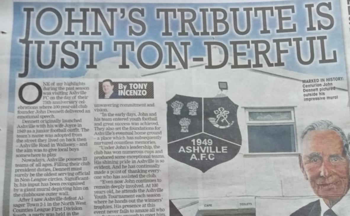 Headline from my Non-League Paper column today featuring Ashville FC's 75th anniversary &amp; an emotional speech by their 100 year old club president

<a href="/NonLeaguePaper/">The Non-League Paper</a> <a href="/NonLeagueCrowd/">Non League Crowds</a> <a href="/AshvilleFC/">Ashville Football Club</a> <a href="/nwcfl/">The NWCFL ⚽️</a> <a href="/stescott82/">Steven Scott</a>
