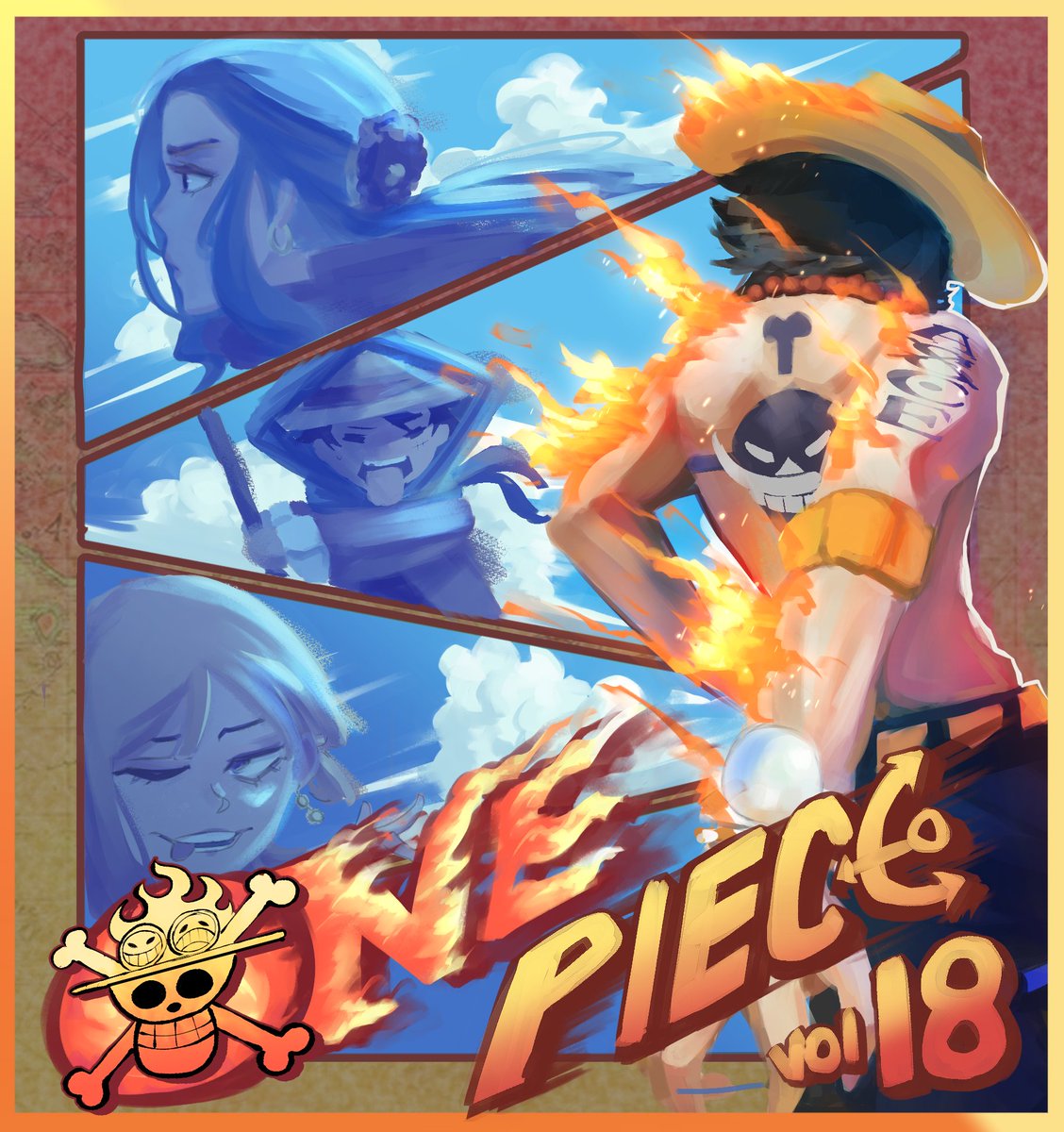 C5TSU's tweet image. My late submission for #COLLABORAMA on one piece volume 18 cover 😭!! @Saikekuu came for the clutch to help me with some revisions, what a GOAT🐐!!