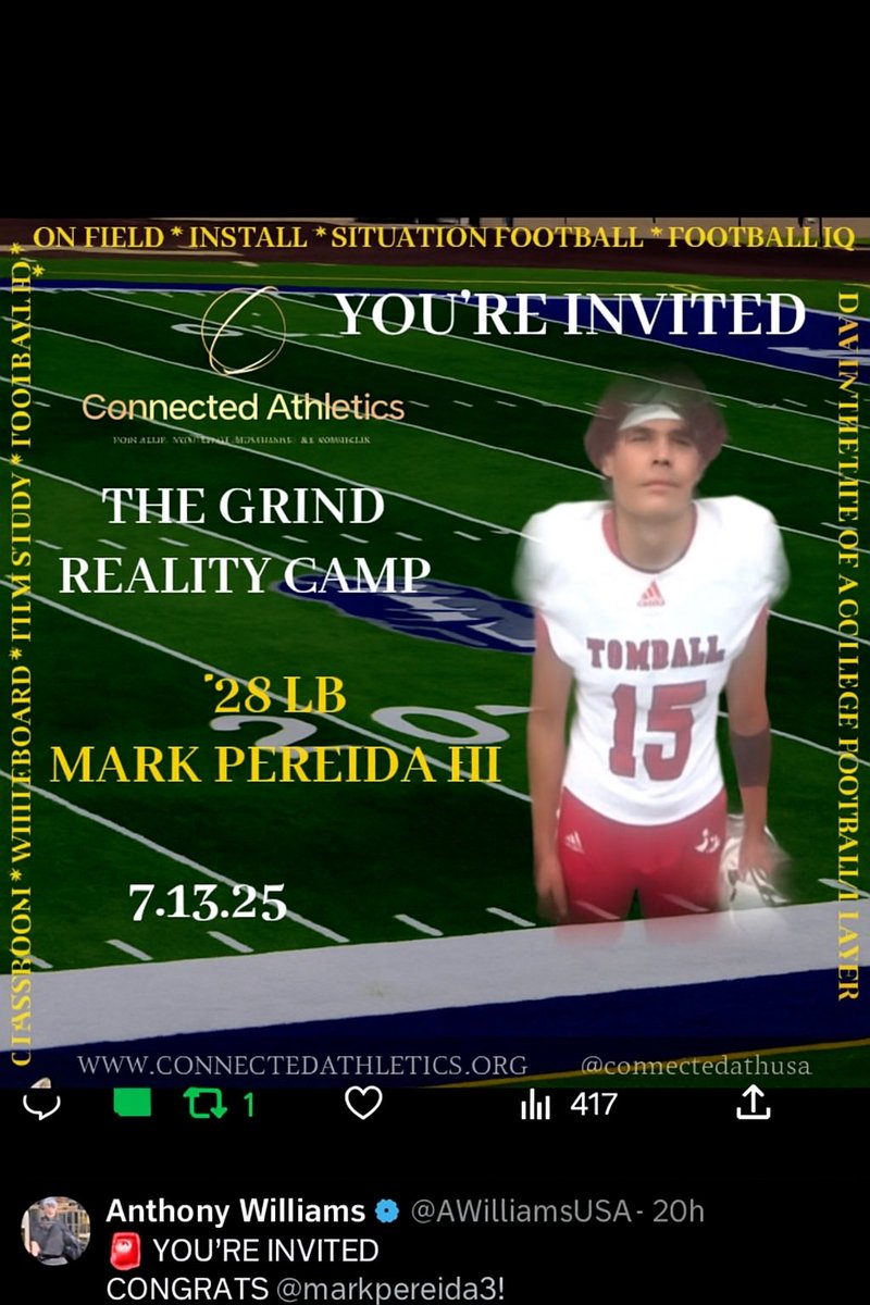 Mark Pereida III (@markpereida3) on Twitter photo 🔥 Blessed to receive my invite to <a href="/connectedathUSA/">Connected Athletics Inc.🙏🏾</a> THE GRIND - Reality Camp! Excited for the opportunity to learn, and grow on and off the field. 🙏🏽🏈
#TheGrind #RealityCamp #StudentAthlete #HardWorkPaysOff #LetsWork
<a href="/coachRENEAU45/">Chase Reneau</a> <a href="/handal_dave/">Dave Handal</a> <a href="/CoachTMcCormick/">Tanner McCormick</a> 🔥 Blessed to receive my invite to <a href="/connectedathUSA/">Connected Athletics Inc.🙏🏾</a> THE GRIND - Reality Camp! Excited for the opportunity to learn, and grow on and off the field. 🙏🏽🏈
#TheGrind #RealityCamp #StudentAthlete #HardWorkPaysOff #LetsWork
<a href="/coachRENEAU45/">Chase Reneau</a> <a href="/handal_dave/">Dave Handal</a> <a href="/CoachTMcCormick/">Tanner McCormick</a>