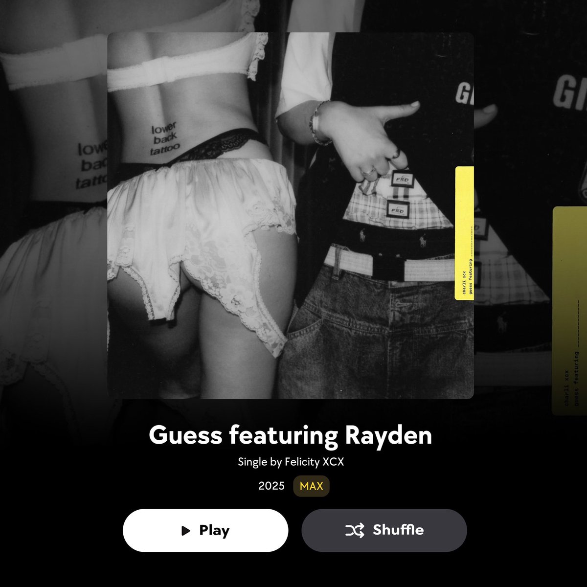 → #TIDALAppRP › 𝖭𝖾𝗐 𝖲𝗂𝗇𝗀𝗅𝖾 𝖱𝖾𝗅𝖾𝖺𝗌𝖾
🎧 𝗦𝗶𝗻𝗴𝗹𝗲: 𝖦𝗎𝖾𝗌𝗌 𝖿𝖾𝖺𝗍𝗎𝗋𝗂𝗇𝗀 𝖱𝖺𝗒𝖽𝖾𝗇 𝖻𝗒 𝖥𝖾𝗅𝗂𝖼𝗂𝗍𝗒 𝖷𝖢𝖷 — We don’t have to #GuessRP! It’s time to stream this remix